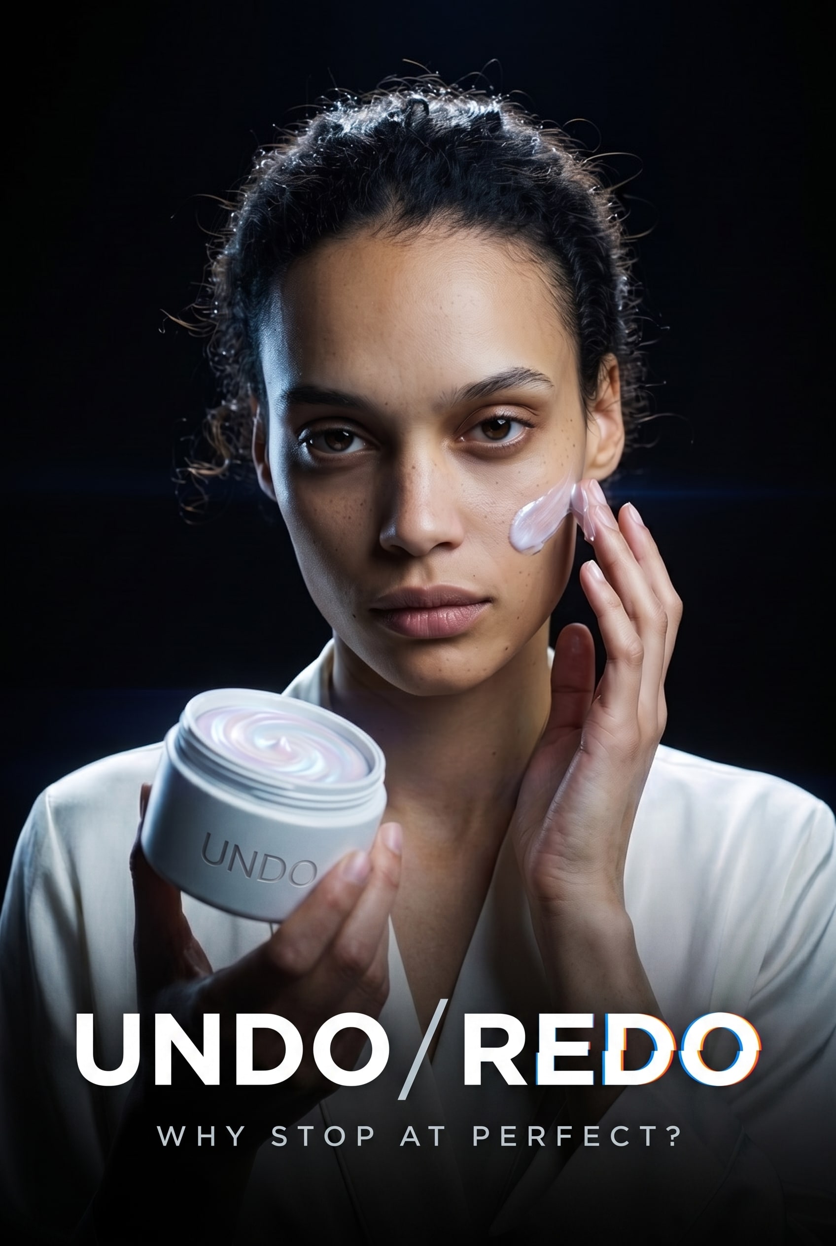 UNDO / REDO poster: Alex applies iridescent cream to their cheek beneath the tagline Why Stop at Perfect?